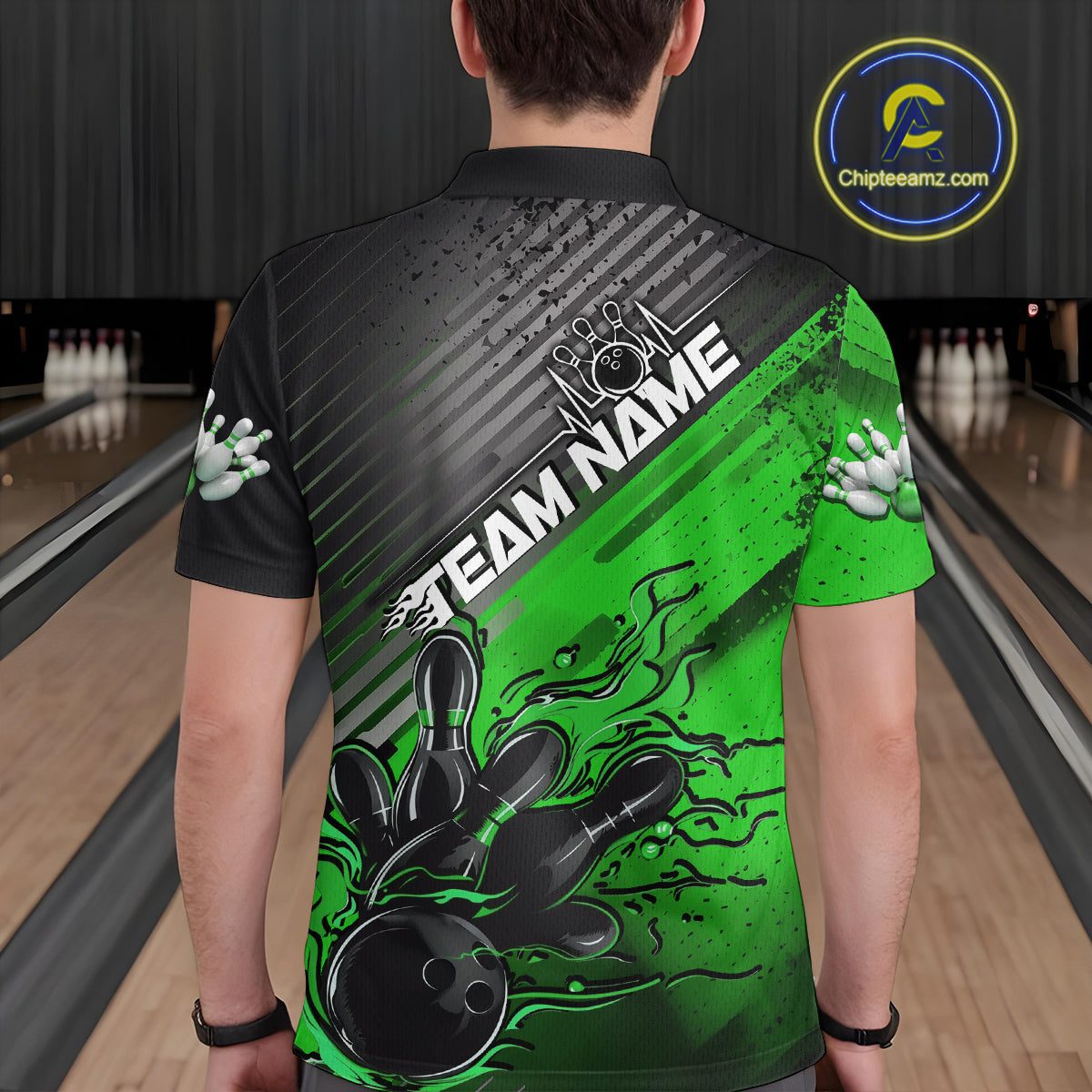 Custom Green Strike Flame Bowling Polo Shirts For Men, Bowling Team Shirt Bowlers Outift IPHW9616