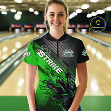 Load image into Gallery viewer, Custom Green Strike Flame Bowling Women Quarter Zip Shirt, Team Shirt Bowlers Outift IPHW9616