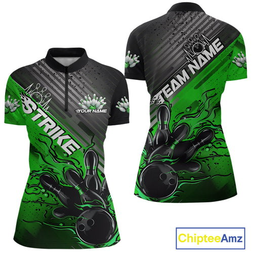 Custom Green Strike Flame Bowling Women Quarter Zip Shirt, Team Shirt Bowlers Outift IPHW9616