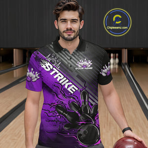 Custom Purple Strike Flame Bowling Polo Shirts For Men, Bowling Team Shirt Bowlers Outift IPHW9617