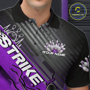 Custom Purple Strike Flame Bowling Polo Shirts For Men, Bowling Team Shirt Bowlers Outift IPHW9617