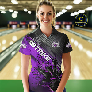 Custom Purple Strike Flame Bowling Women Polo Shirt, Bowling Team Shirt Bowlers Outift IPHW9617