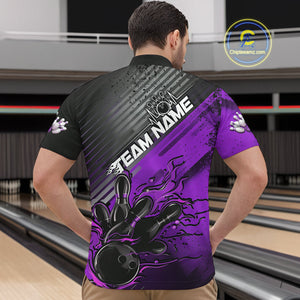 Custom Purple Strike Flame Bowling Quarter-Zip Shirts For Men, Bowling Team Shirt Bowlers Outift IPHW9617