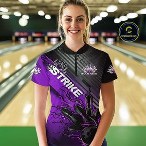 Custom Purple Strike Flame Bowling Women Quarter Zip Shirt, Team Shirt Bowlers Outift IPHW9617