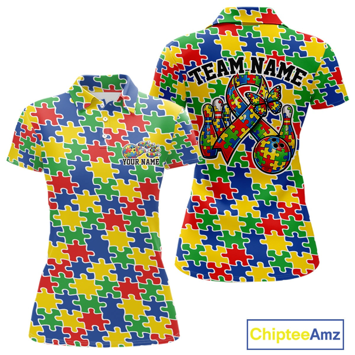 Women’s polo shirt mockup front and back showing seamless multicolor puzzle piece print in red, blue, green, and yellow tones