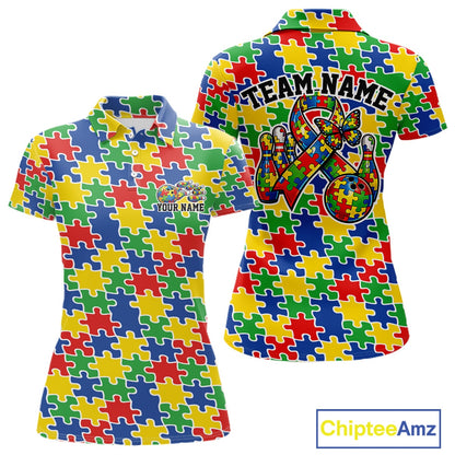 Women’s polo shirt mockup front and back showing seamless multicolor puzzle piece print in red, blue, green, and yellow tones