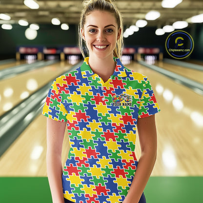 Female model in a bowling lane, front view wearing a colorful polo shirt with seamless multi-colored puzzle pattern design