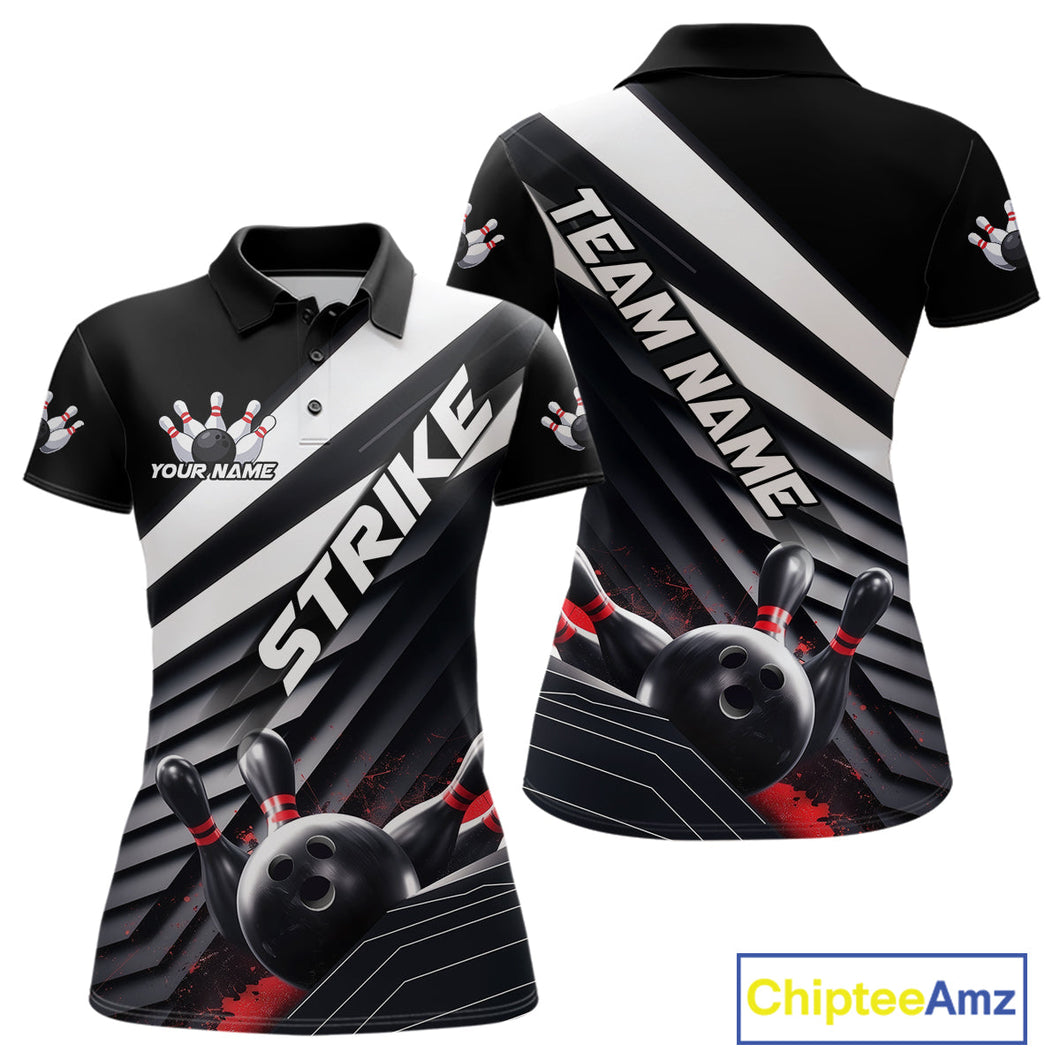 Custom Black And Red Strike Bowling Polo Shirts For Women, Bowling Team Uniform IPHW9627