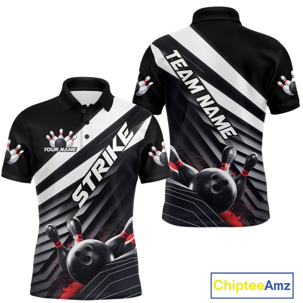 Custom Black And Red Strike Bowling Polo Shirts For Men, Bowling Team Uniform IPHW9627