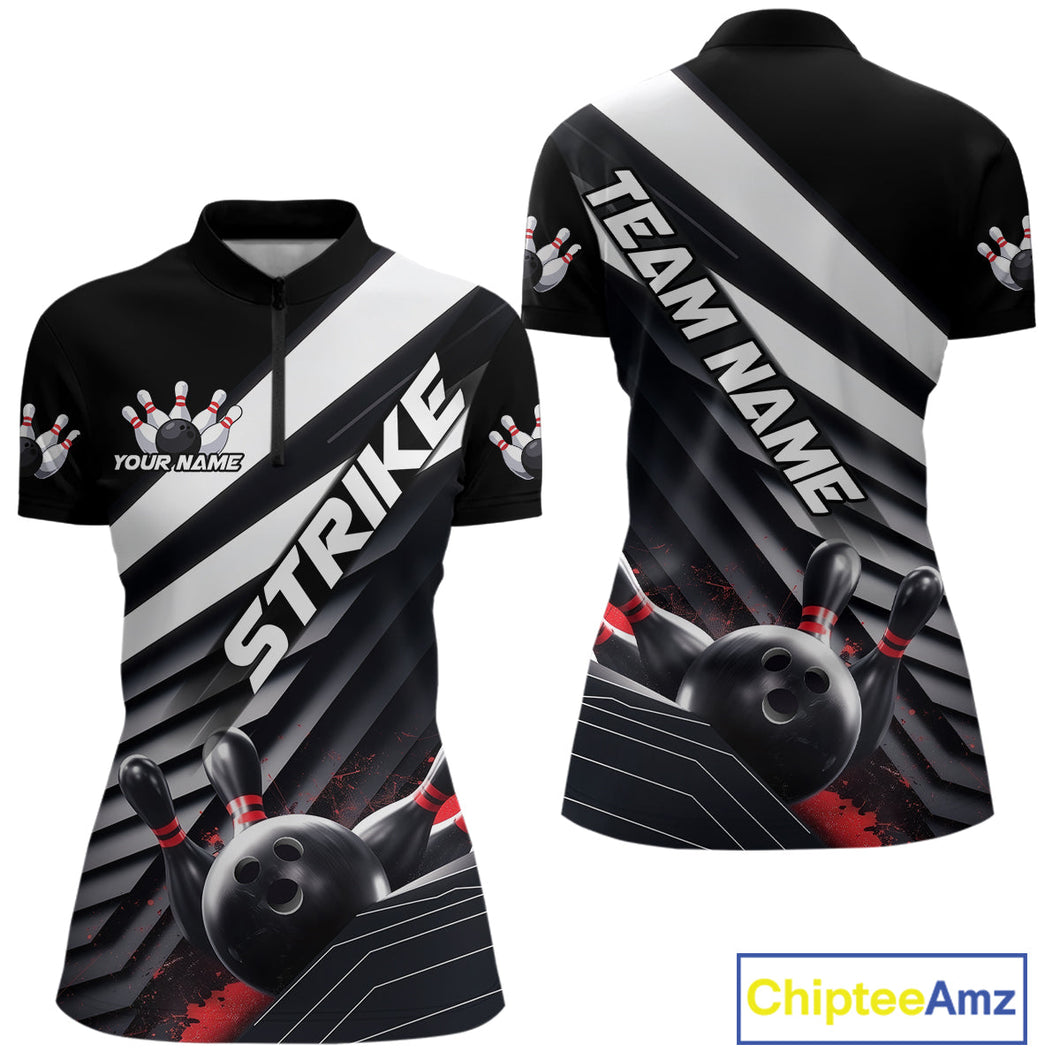 Custom Black And Red Strike Bowling Quarter-Zip Shirts For Women, Bowling Team Uniform IPHW9627