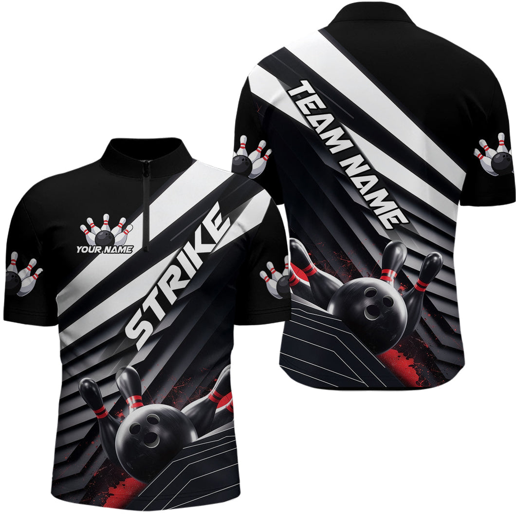 Custom Black And Red Strike Bowling Quarter-Zip Shirts For Men, Bowling Team Uniform IPHW9627