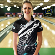 Load image into Gallery viewer, Custom Black And Blue Strike Bowling Polo Shirts For Women, Bowling Team Uniform IPHW9628
