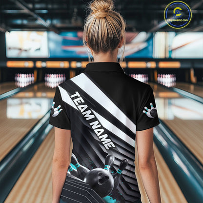 Custom Black And Blue Strike Bowling Polo Shirts For Women, Bowling Team Uniform IPHW9628