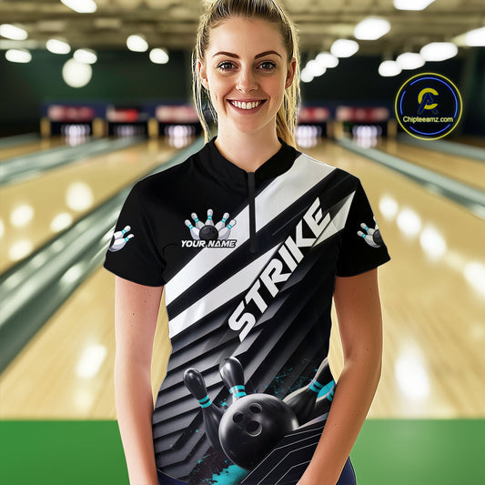 Custom Black And Blue Strike Bowling Quarter-Zip Shirts For Women, Bowling Team Uniform IPHW9628