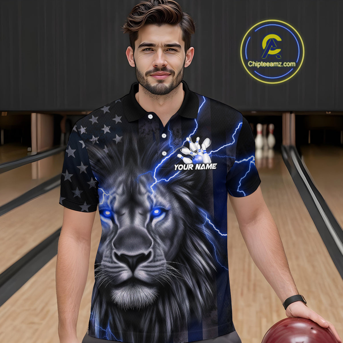 Custom Blue Thunder Lightning Patriotic Lion Polo Shirts For Men, US Flag Bowling Jerseys IPHW9320