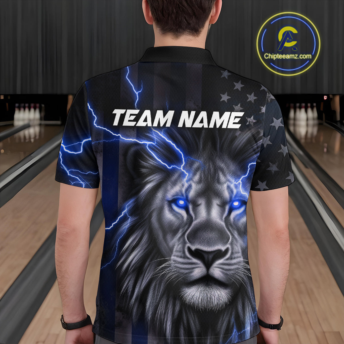 Custom Blue Thunder Lightning Patriotic Lion Polo Shirts For Men, US Flag Bowling Jerseys IPHW9320