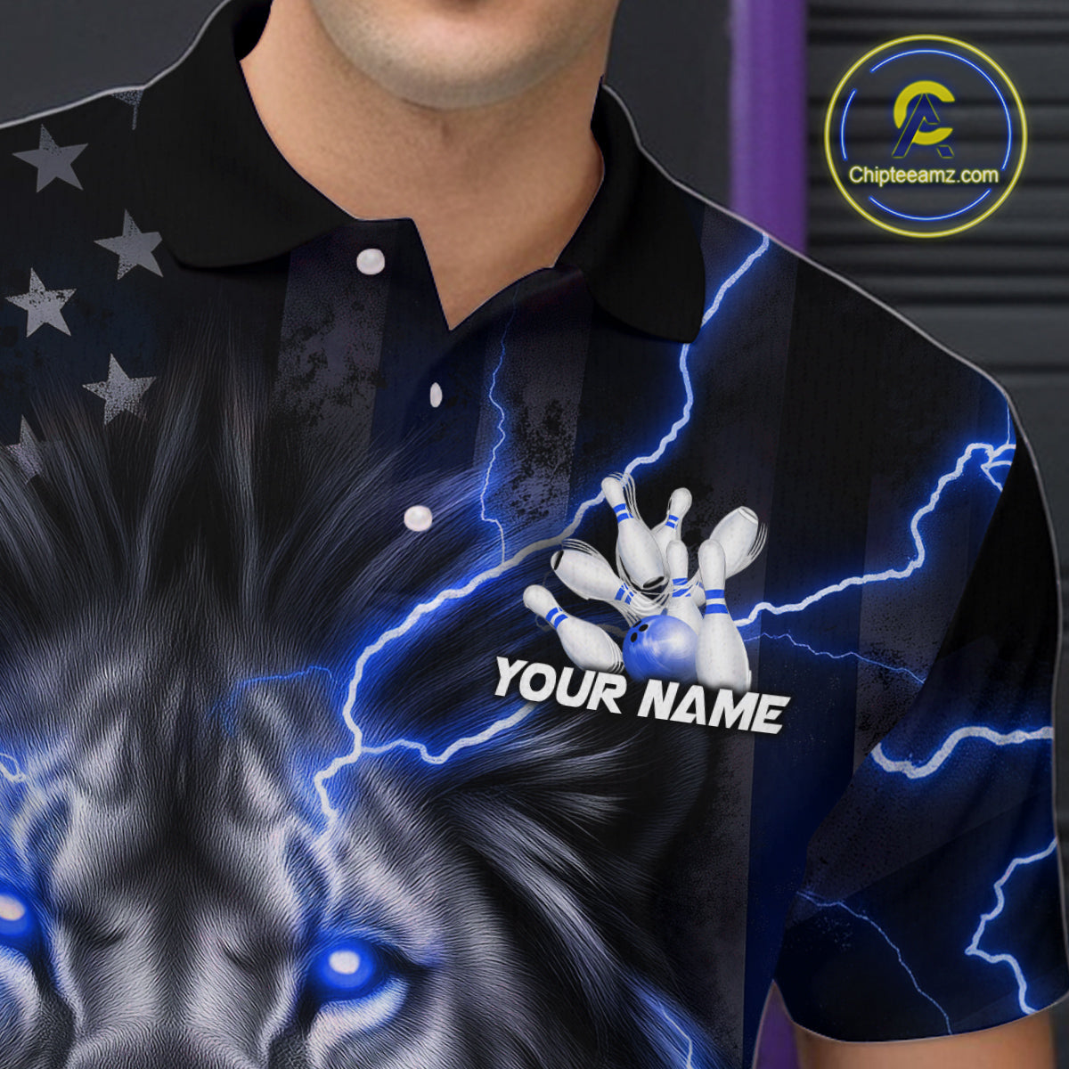 Custom Blue Thunder Lightning Patriotic Lion Polo Shirts For Men, US Flag Bowling Jerseys IPHW9320