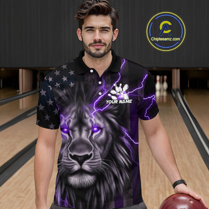 Custom Purple Thunder Lightning Patriotic Lion Polo Shirts For Men, US Flag Bowling Jerseys IPHW9321