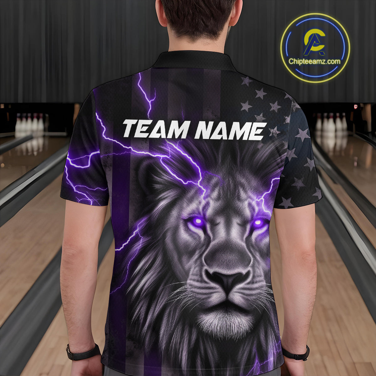 Custom Purple Thunder Lightning Patriotic Lion Polo Shirts For Men, US Flag Bowling Jerseys IPHW9321