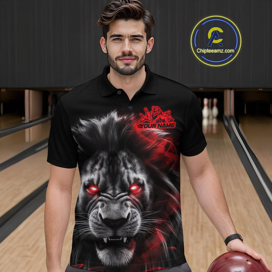 Custom Black And Red Lion Bowling Polo Team Shirts For Men, Lion Bowling Jerseys IPHW9328