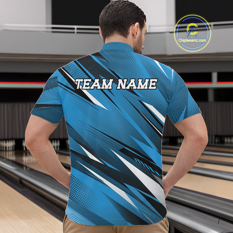 Man wearing a blue sports jersey with 'TEAM NAME' printed on the back in a bowling alley.