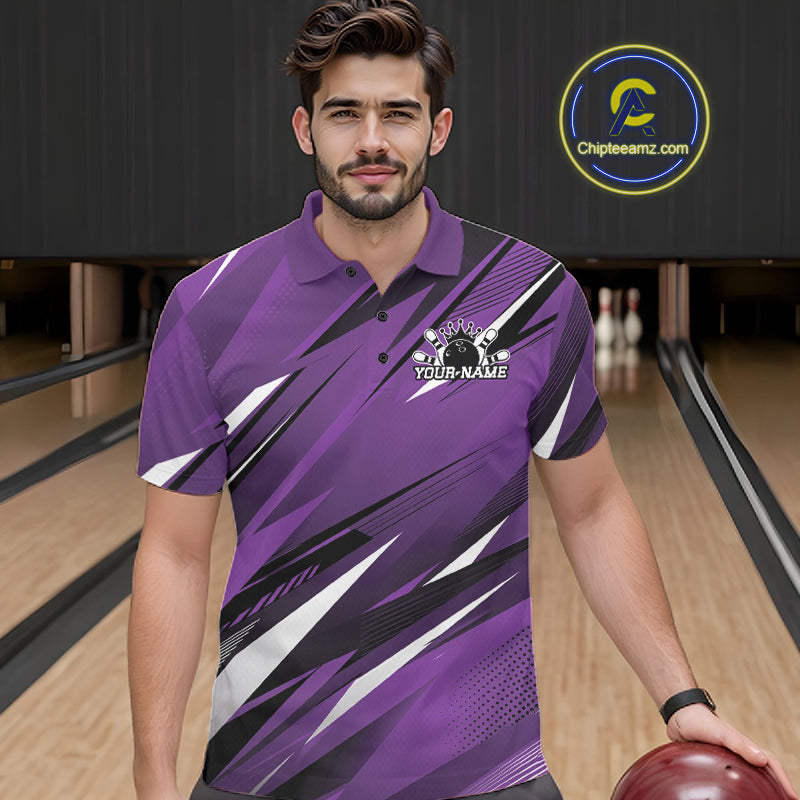 Man wearing a purple bowling shirt with a personalized name on a bowling alley.