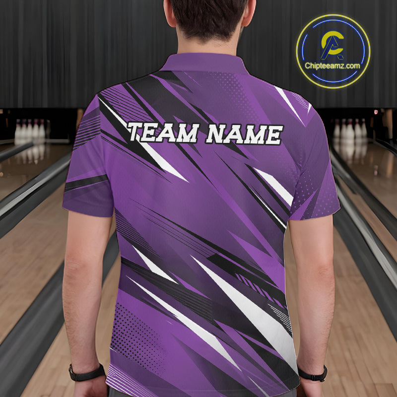 Person wearing a purple bowling shirt with 'TEAM NAME' on the back in a bowling alley.