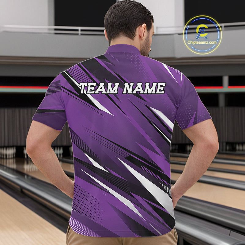 Person wearing a purple bowling shirt with 'TEAM NAME' on the back in a bowling alley.