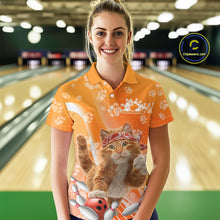 Load image into Gallery viewer, Custom Funny Orange Cat Bowling Women Polo Shirt, Cat Paw Team Bowling Shirt IPHW10103