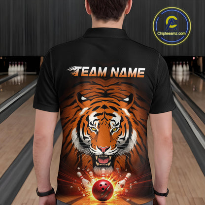 Custom Team Name Tiger Print Bowling Polo Shirts For Men, Bowling Team Tournament Outfit IPHW9092
