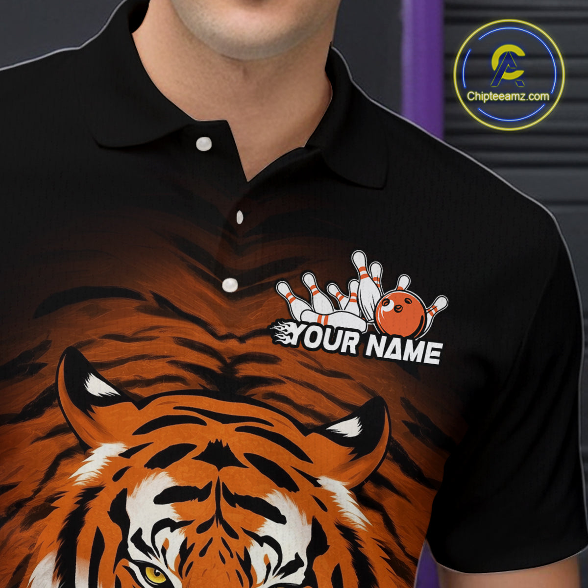 Custom Team Name Tiger Print Bowling Polo Shirts For Men, Bowling Team Tournament Outfit IPHW9092