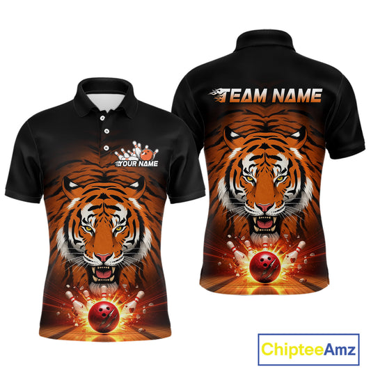 Custom Team Name Tiger Print Bowling Polo Shirts For Men, Bowling Team Tournament Outfit IPHW9092