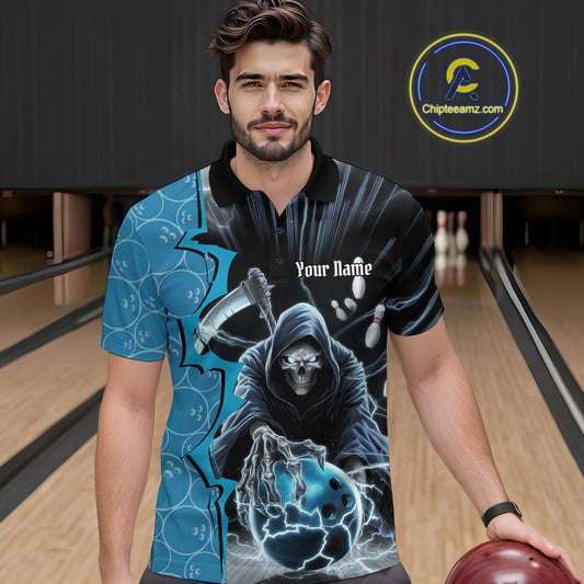 Custom Blue Thunder Lightning Grim Reaper Bowling Men Polo Shirt, Halloween Bowler Outfit IPHW9839