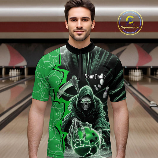 Custom Green Thunder Lightning Grim Reaper Bowling Men Quarter-Zip Shirt, Halloween Bowler Outfit IPHW9841