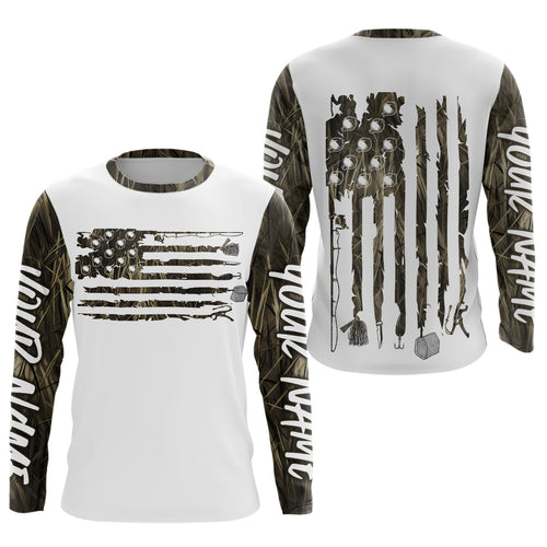Custom Patriotic Camo Long Sleeve Fishing Shirts, American Flag Fishing Tools Shirts IPHW9125
