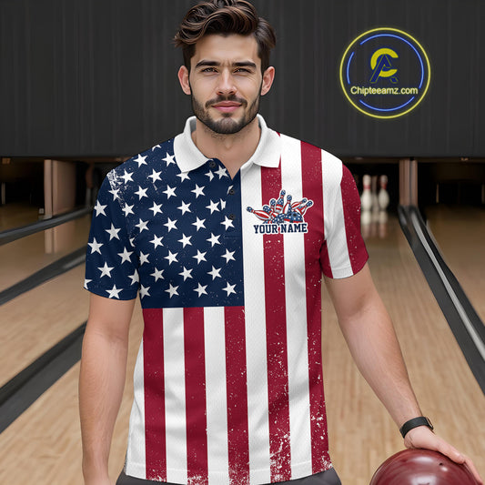 Custom US Flag Bowling Polo Shirts For Men, Patriotic Bowling League Shirt Bowling Jersey IPHW9714