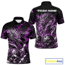 Load image into Gallery viewer, Personalised black and purple flaming dragon bowling shirt featuring a skull bowling ball and flying pins artwork