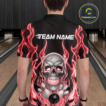 Custom Red Fire Flame Skull Bowling Polo Shirts For Men, Halloween Bowling Team Outfit IPHW9492