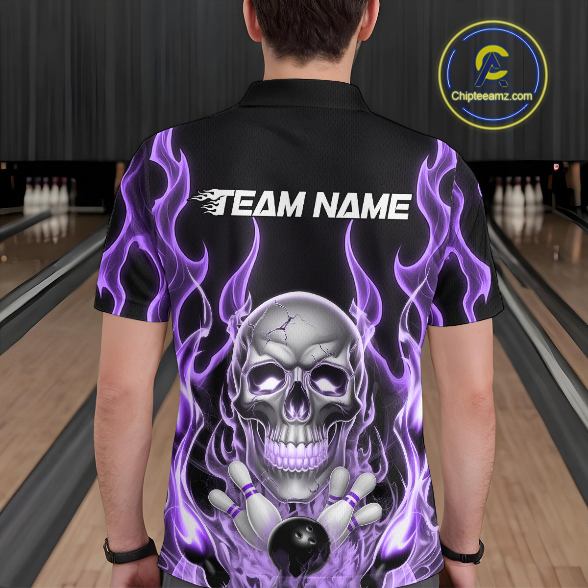 Custom Purple Fire Flame Skull Bowling Polo Shirts For Men, Halloween Bowling Team Outfit IPHW9493