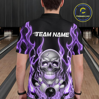 Custom Purple Fire Flame Skull Bowling Polo Shirts For Men, Halloween Bowling Team Outfit IPHW9493