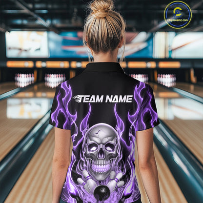 Custom Purple Fire Flame Skull Bowling Women Polo Shirt, Halloween Bowling Team Outfit IPHW9493