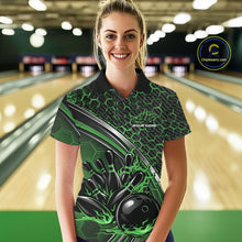 Load image into Gallery viewer, Custom Green Flame Bowling Women Polo Team Shirt, Hexagon Pattern Bowling Jerseys IPHW11312