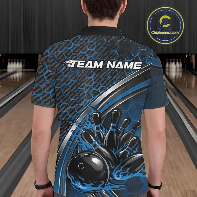 Back view of a male model in a bowling alley wearing a black and blue polo shirt, showcasing honeycomb pattern and flame bowling action artwork.