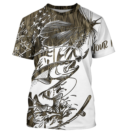 Custom Patriotic Trout Brown Camo Fly Fishing T-Shirts, US Flyfishing Shirt IPHW9142