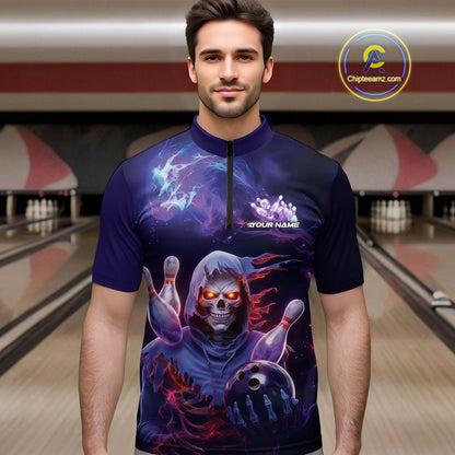 Custom Red And Purple Smoke Flame Grim Reaper Bowling Men Quarter-Zip Shirt, Halloween Outfit IPHW9895