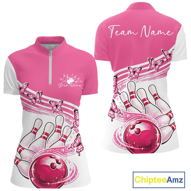 Front and back mockup of a womens white and pink bowling quarter zip showcasing butterfly graphics and bowling-themed artwork