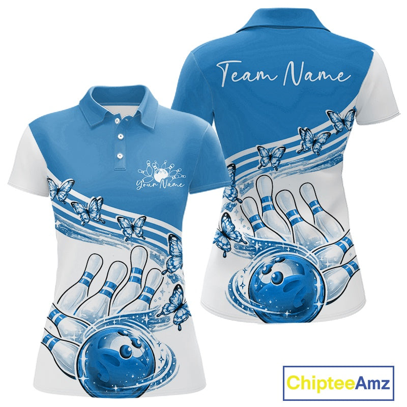 Front and back mockup of a womens white and blue bowling polo with butterfly artwork and colorful bowling graphics