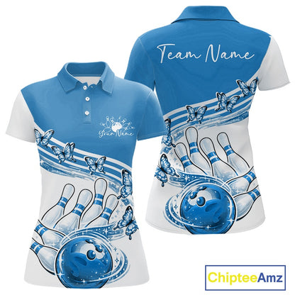Front and back mockup of a womens white and blue bowling polo with butterfly artwork and colorful bowling graphics