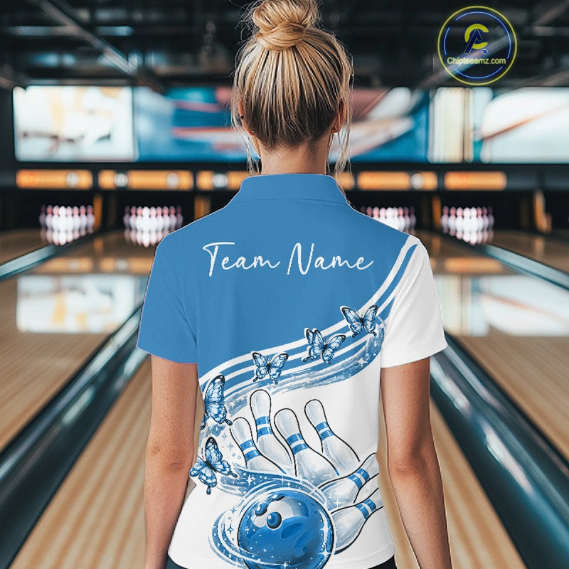 Back view of a female model in a white and blue bowling polo showcasing butterfly artwork and colorful bowling graphics