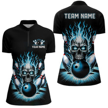 Load image into Gallery viewer, Personalized Ladies Skull Bowling Shirt Custom Team'S Name Flame Bowler Jerseys | Teal Blue IPHW6512